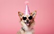 Funny Celebration, Cute dog in Party Hat and Sunglasses over pink background, pet bithday banner