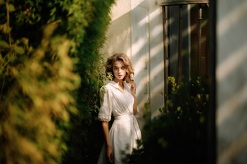 A young woman in a linen dress stands in the sun in an English garden. Photorealistic illustration of Generative AI.