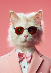 Sticker - White cat wearing sunglasses and pink suit with pink bow tie. Generative AI.