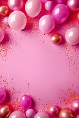 Sticker - Bunch of balloons and confetti on pink background with gold and pink confetti. Generative AI.