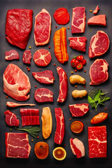 Poster - Variety of raw meats and vegetables laid out on black surface. Generative AI.