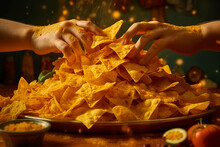Plate Of Tortilla Chips With Person Reaching For The Chips. Generative AI.
