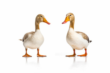 Couple of ducks standing next to each other on white surface in front of white background. Generative AI.