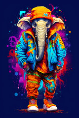 Sticker - Image of elephant wearing orange hat and blue jacket with colorful paint splatters. Generative AI.