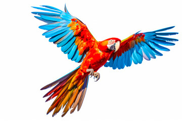 Canvas Print - Colorful parrot flying through the air with it's wings spread out. Generative AI.