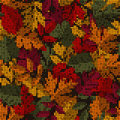 Naklejka na meble Pattern with overlapping colorful autumn leaves. Pixel retro effect. Dense composition with overlapping elements. Good for clothing, fabric, textile, surface design design.