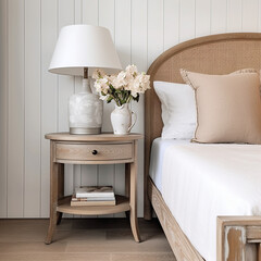 A table lamp, a bed and a bedside table, boho style