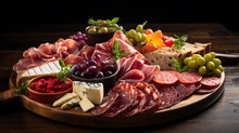 A Platter Of Charcuterie Featuring Cured Meats, Sliced Prosciutto, Salami, And A Selection Of Olives