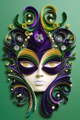 Wall Mural - A mask made out of quilled paper on a green background. Generative AI.
