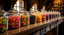 Sweet Candy Filled In Glass Jars.