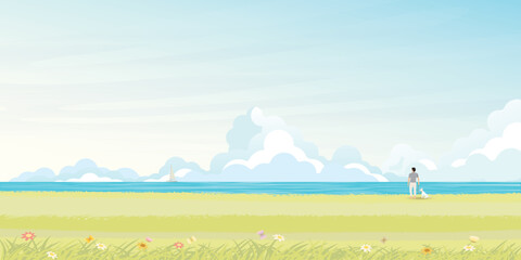 Man with his dog at seashore in summer vector illustration. Seascape and blue sky flat design background.