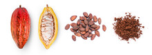 Cocoa Fruit With Cocoa Bean And Cacao Powder Isolated On White Background, Top View, Flat Lay.