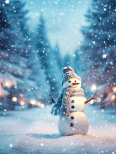 A Cute Smiling Snowman Stands Against The Backdrop Of A Festive Winter Landscape. A Template For A Christmas Card. Generative AI.
