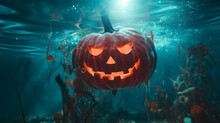 Halloween Pumpkin Swimming Underwater. 
Generative Ai

