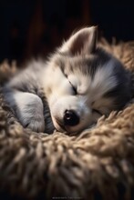 Cute Siberian Husky Puppy Sleeping On A Soft Blanket.