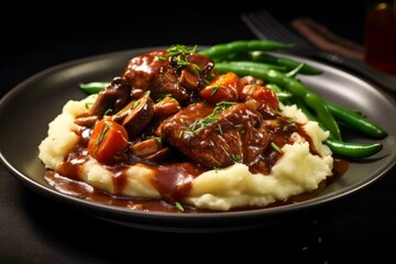 Wall Mural - Beef Bourguignon with mashed potatoes and a side of green beans