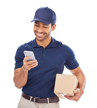 Box, Phone And Delivery Man For Shipping Or E Commerce Communication Isolated On Transparent, Png Background. Online Invoice, Mobile Chat And Happy Courier Person With Logistics Package Or Services