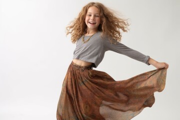 Wall Mural - Little girl with long curly hair jumping in studio on white background.