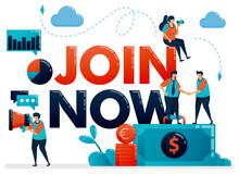 Join Now Poster For Referral Program. Promotion Of We Are Hiring . Announcement For Employee Vacancy, Recruitment. Flat Character Vector Illustration For Landing Page, Web, Banner, Mobile Apps, Poster