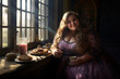 A plump young woman sits at a table in a gothic interior. Photorealistic illustration of Generative AI.