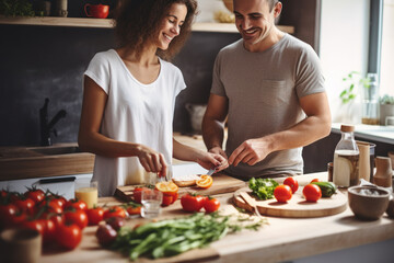 A married young couple is preparing breakfast in the kitchen. Photorealistic illustration of Generative AI.