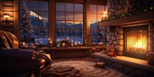 Backgrounds  Cozy Cabin Interior Background With A Crackling Fireplace, Plush Armchairs, And Warm Wooden Accents Generative AI Digital Illustration Part#060723