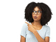 © Suresh Heyt/peopleimages.com - Pointing, hand and face of African woman with choice in presentation of information on isolated or transparent mockup. Thinking, model with decision or gesture to show an option on png background