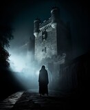 Fototapeta  - In Shakespeare's Hamlet the Ghost of King Hamlet: A translucent, eerie image of the Ghost of King Hamlet wandering the battlements of Elsinore Castle in the moonlight.