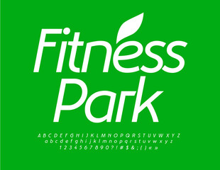 Vector fresh banner Fitness Park with decorative Leaf. White simple Font. Minimalistic Alphabet Letters, Numbers and Symbols set