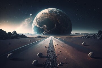 a long road to planet Earth floating in space, Generative AI