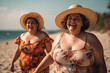 © santypan - Two fat women walking happily along the beach. AI generative