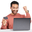 Happy asian man, laptop and credit card for online shopping isolated on a transparent PNG background. Excited male person or shopper in success for banking app, purchase or ecommerce on computer
