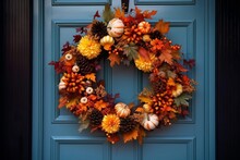 Fall Autumn Wreath Orange And Reds Hanging  On Turquoise Front Door