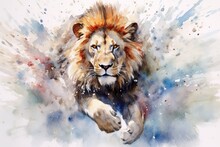 Fluidity And Unpredictability Of Watercolors By Creating A Dynamic And Energetic Lion Print. Bold Brushstrokes And Splashes Of Color To Depict The Lion's Movement And Power
