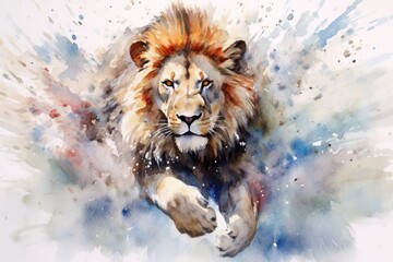 Wall Mural - fluidity and unpredictability of watercolors by creating a dynamic and energetic lion print. bold brushstrokes and splashes of color to depict the lion's movement and power