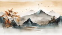 Abstract Hand Painted Watercolour Japanese Themed Landscape Background
