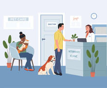 Pet Veterinary Clinic. Man With Dog  On Reception In Veterinary Clinic.  Woman With Cat On The Chair. Vector Flat Cartoon Illustration