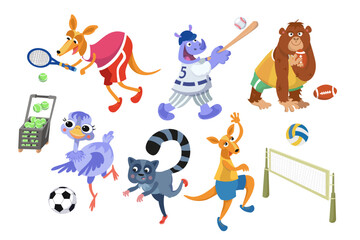 Set cute animals playing sports. Balls, rackets, nets. Vector cartoon isolated illustrations on white background. Funny animals in sports costumes for design. 