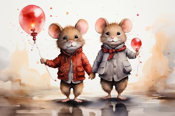 Two mice of the same sex congratulate each other on the holiday. Valentine's Day card for LGBT couples. AI generation.