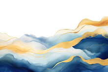 Gold And Blue Abstract Background, Waves And Mountains Silhouettes, Isolated On White, Imitation Of Watercolor Paint And Texture