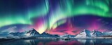Fototapeta Do pokoju - Multicolor Aurora borealis at night over mountains on iceland nature, panorama. Generative Ai.