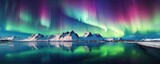 Fototapeta Góry - Multicolor Aurora borealis at night over mountains on iceland nature, panorama. Generative Ai.