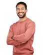 Laugh, portrait of man with arms crossed and isolated on transparent png background, confidence with proud happiness. Relax, casual fashion and happy face of confident male model in Mexico with smile