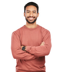 Wall Mural - portrait of man with arms crossed, smile and isolated on transparent png background in confident cas