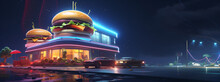 Burger Cafe In Style Futurism. Restaurant In Night, Big Burger Are On Top Of A Building Cyberpunk. Copy Space. Generative AI