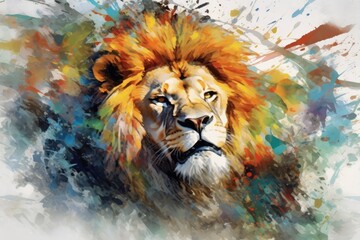  fluidity and unpredictability of watercolors by creating a dynamic and energetic lion print. bold brushstrokes and splashes of color to depict the lion's movement and power