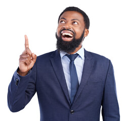 Shock, advertising and businessman pointing with wow or omg facial expression for promotion. Surprise, excited and young African male person with show gesture isolated by transparent png background.