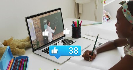 Poster - Animation of social media data and copy space over african american girl on laptop online schooling