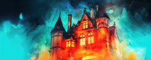 Mystical Illustration Of A Gothic Castle In A Red Glow. Halloween Night With A Blue Foggy Sky And An Ancient Castle Stylized As A Watercolor Painting. Generative Ai.