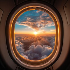 Wall Mural - sky with clouds and sunset seen through airplane window, created using generative ai technology
